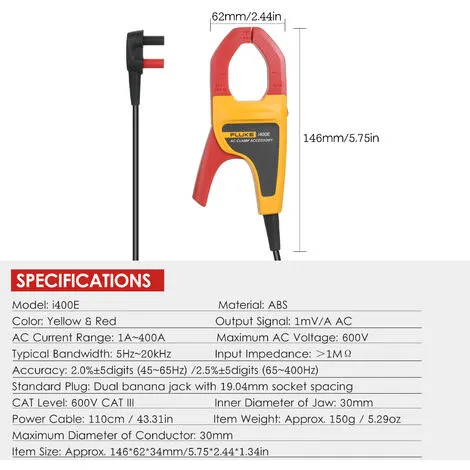 Pince Ampèremétrique AC FLUKE I400E Avec Double Prise Banane 1A ~ 400A Gamme De Courant AC 5Hz ~ 20kHz Bande Passante , Orange 3 Pince Ampèremétrique AC FLUKE I400E Avec Double Prise Banane 1A ~ 400A Gamme De Courant AC 5Hz ~ 20kHz Bande Passante , Orange – Image 3
